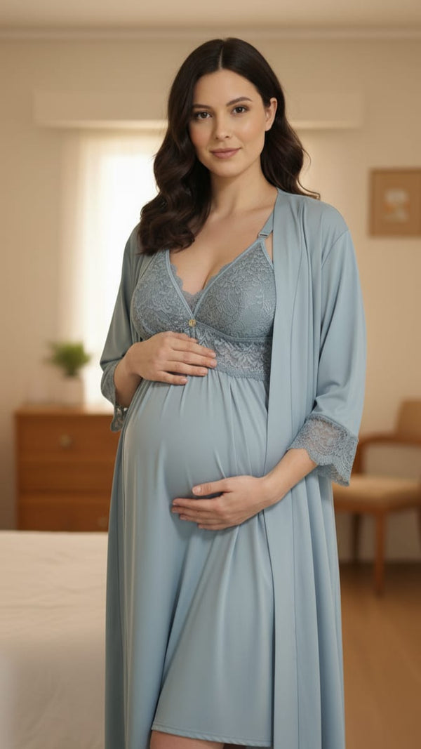 Conjunto Curto Camisola para amamentação e Robe Manguinha Petróleo