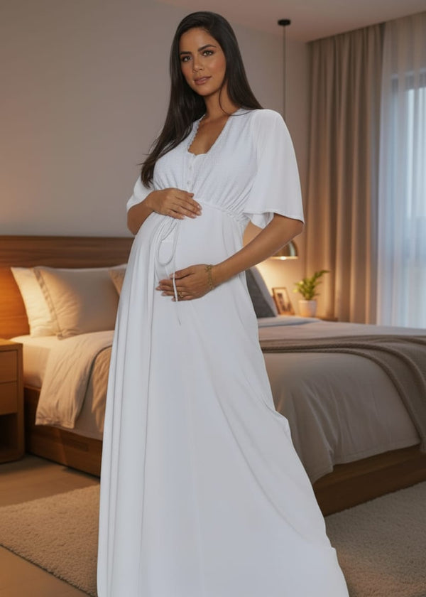 Conjunto Gestante Longo Camisola Lala e Robe Liso Branco