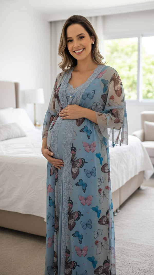 Conjunto Gestante Longo com Camisola para Amamentação e Robe Borboletas