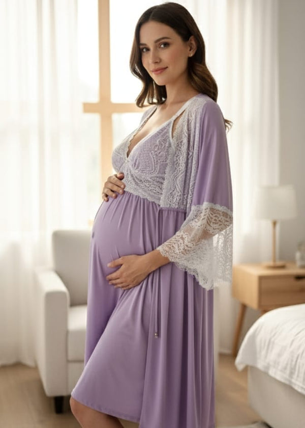 Camisola Gestante BM Curta Lilás com Renda Branca