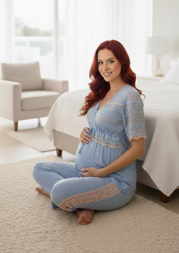 Pijama Gestante Bata com Calça Algodão Doce Azul