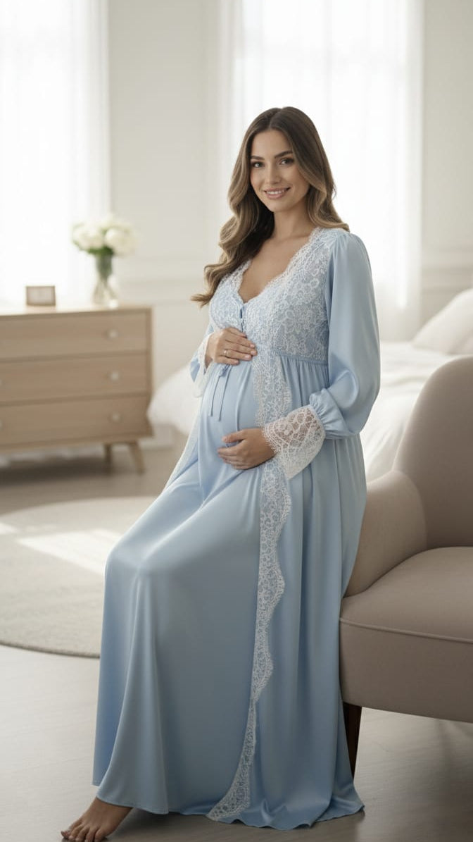 Conjunto Gestante Longo Cetim Azul com Renda Branca