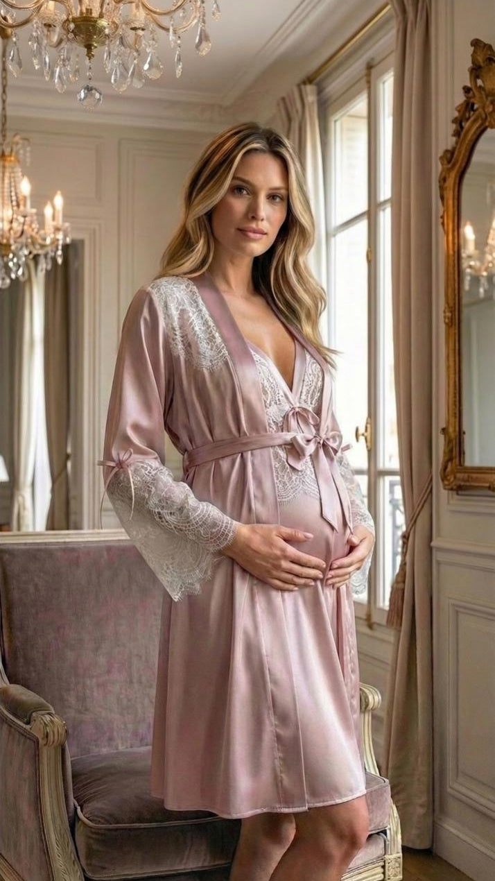 Conjunto Gestante Curto Cetim Rosê com renda Branca