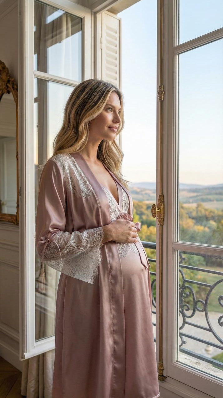 Conjunto Gestante Curto Cetim Rosê com renda Branca