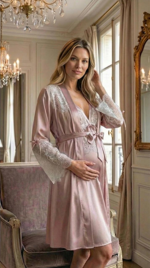 Conjunto Gestante Curto Cetim Rosê com renda Branca