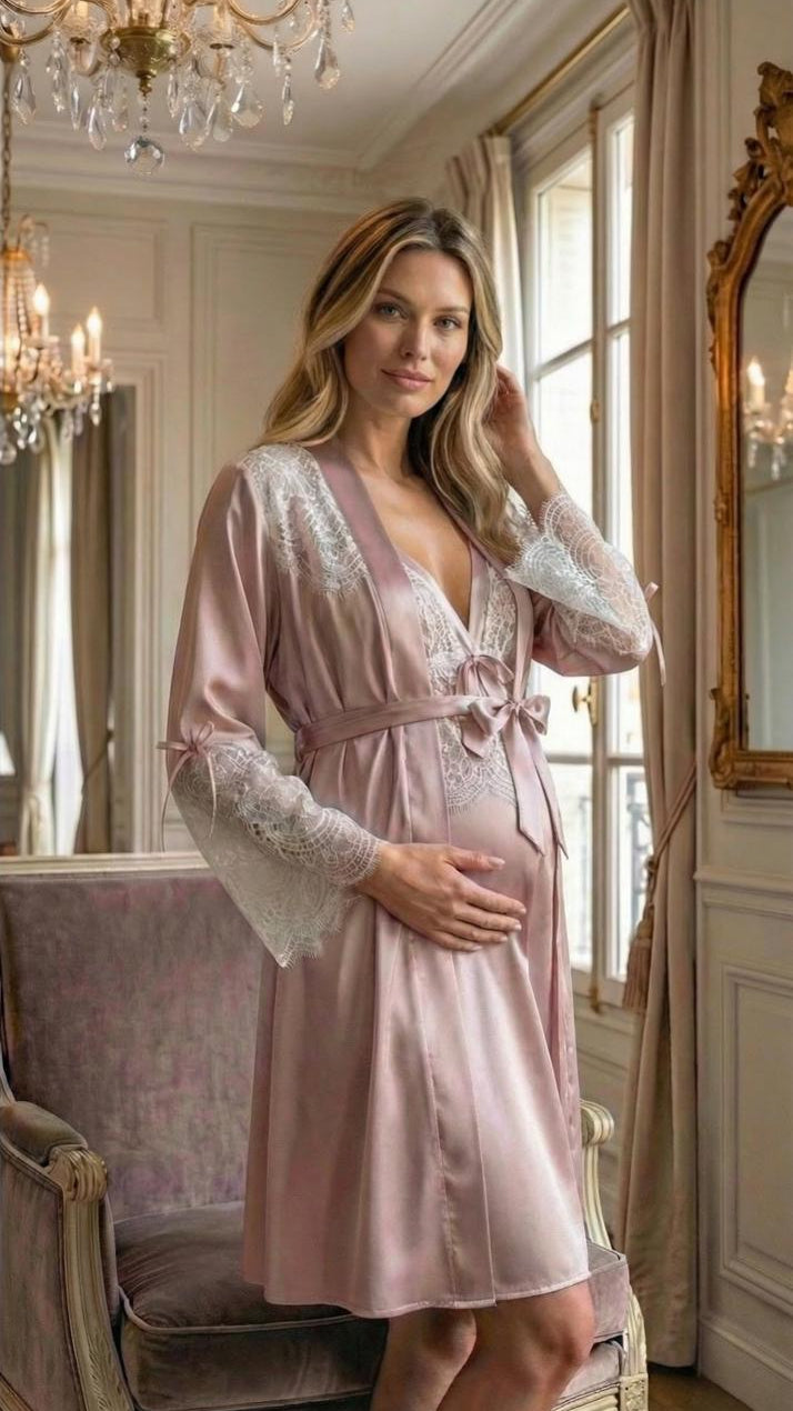 Conjunto Gestante Curto Cetim Rosê com renda Branca