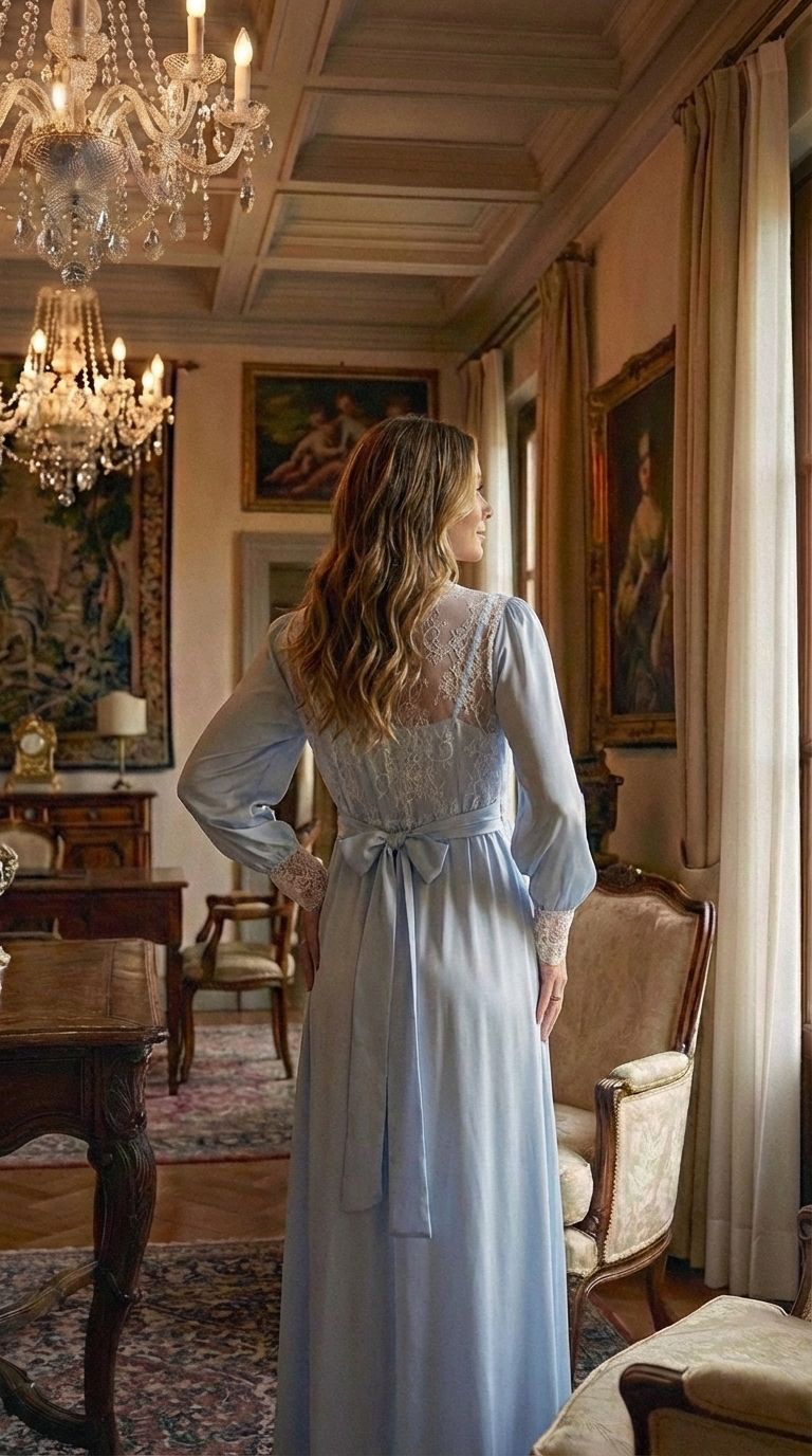 Conjunto Gestante Longo Cetim Azul com Renda Branca