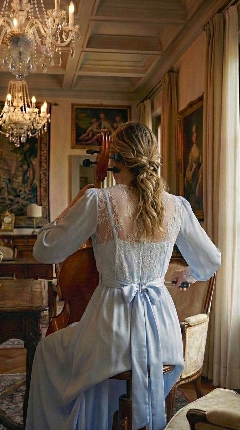 Conjunto Gestante Longo Cetim Azul com Renda Branca