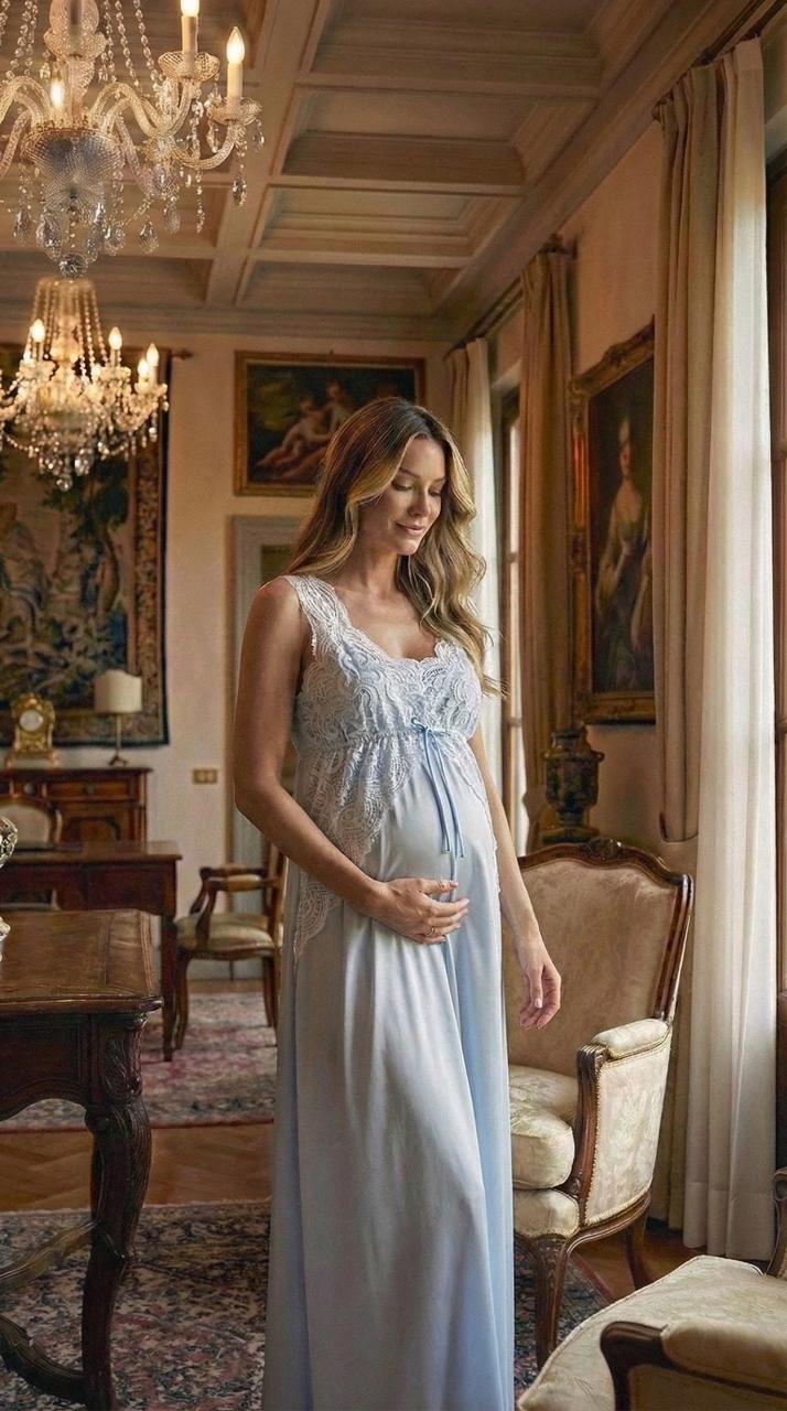 Conjunto Gestante Longo Cetim Azul com Renda Branca