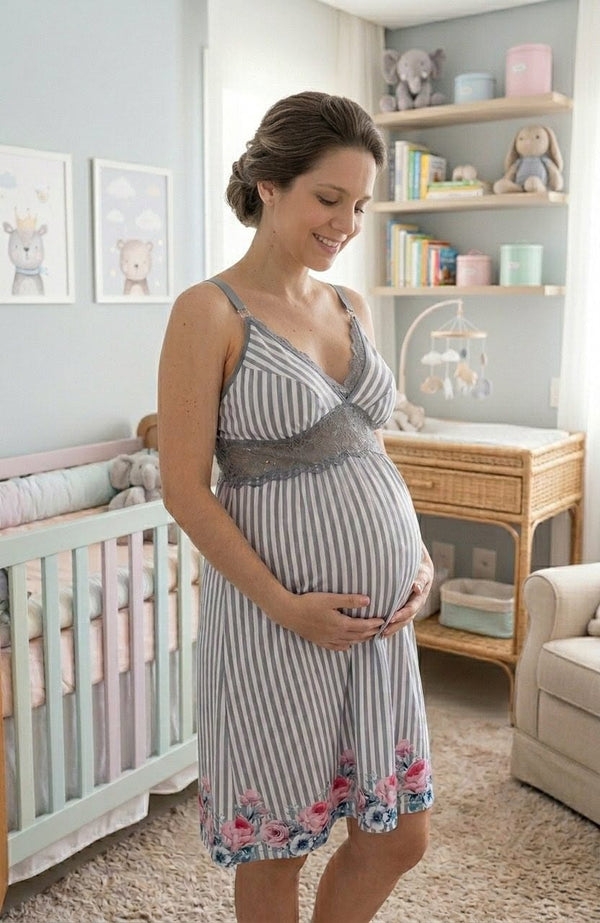 Camisola Gestante BM Curta Listrada Cinza