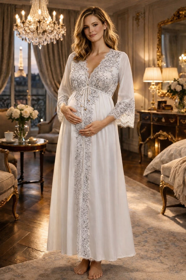 Conjunto Longo em Cetim Branco com Renda Bicolor