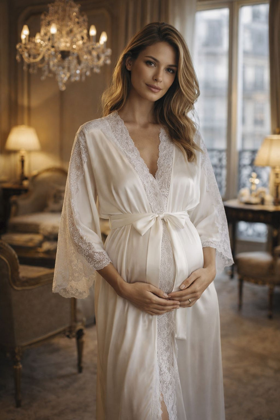 Conjunto Gestante Curto Aux Camisola e Robe em Renda Branco