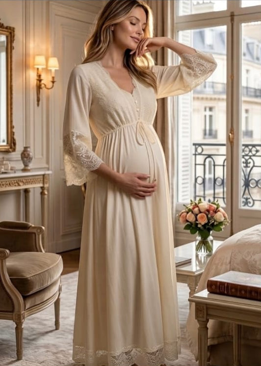 Conjunto Gestante Longo Camisola e Robe Liso Marfim Luz