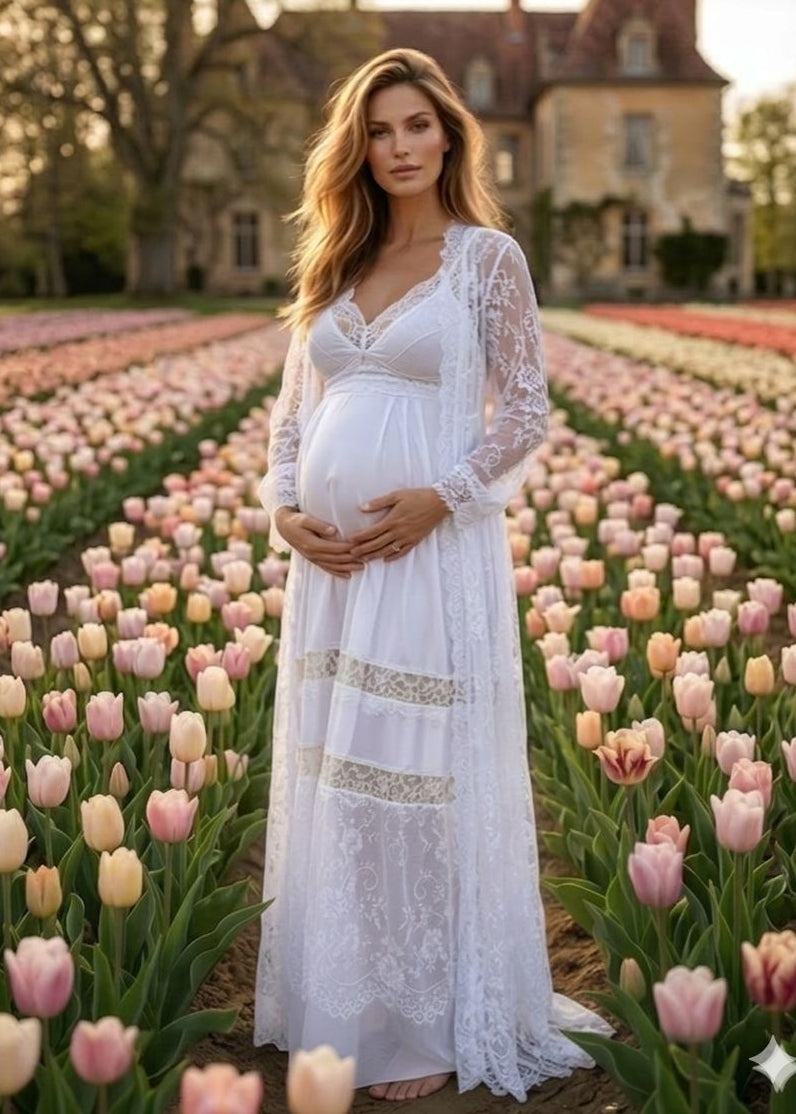 Conjunto Longo com Camisola de Amamentação e Robe Renda Francesa Branco
