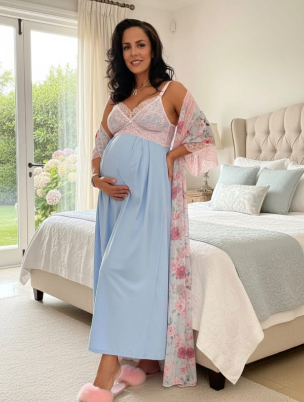 Conjunto Amamentação Longo com Camisola Lisa e Robe Floral Azul