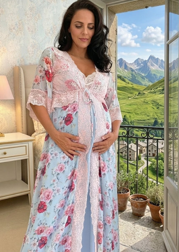 Conjunto Amamentação Longo com Camisola Lisa e Robe Floral Azul