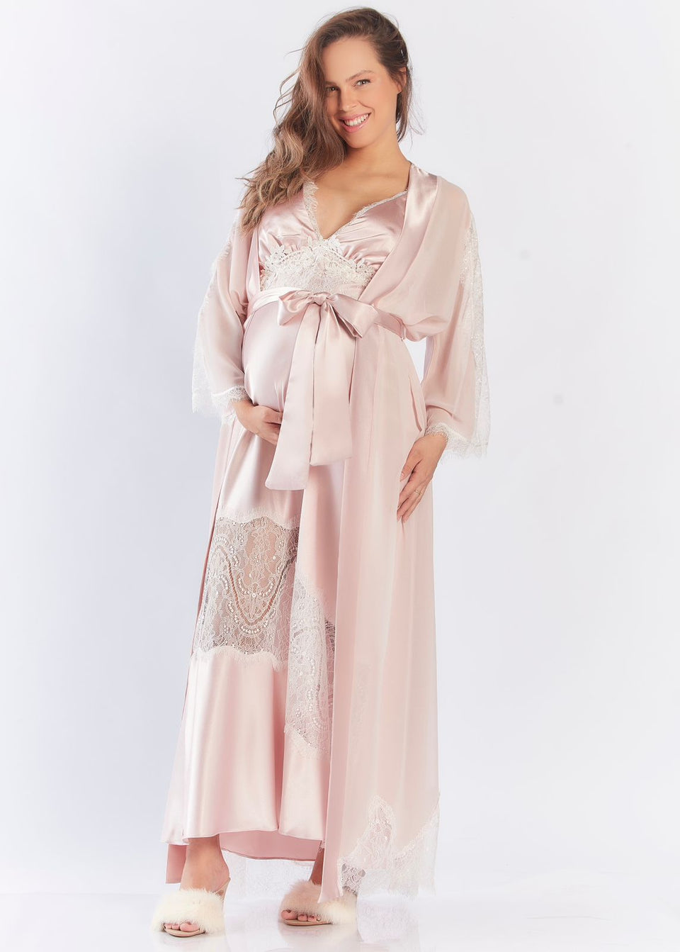 Conjunto de Amamentação com Camisola e Robe Longos Rosa com Branco