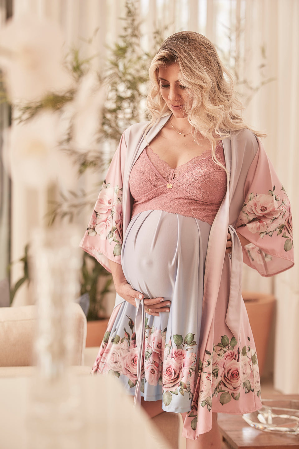 Conjunto Gestante Curto Camisola Azul e Robe Rosa Degradê