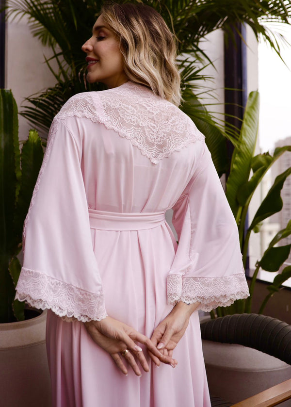 Conjunto Curto com  Camisola de Amamentação e Robe Algodão Doce Rosa