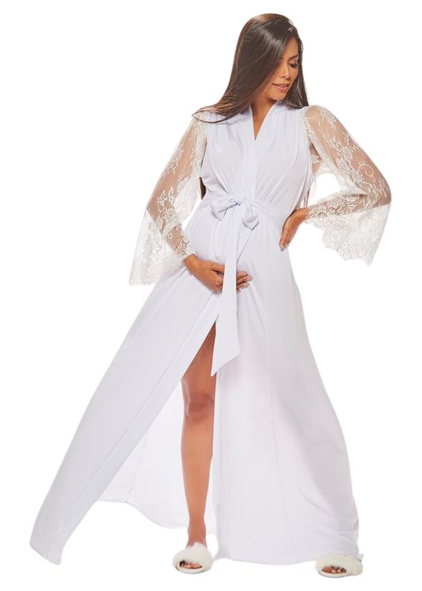 Robe Longo com Mangas em Renda Branco