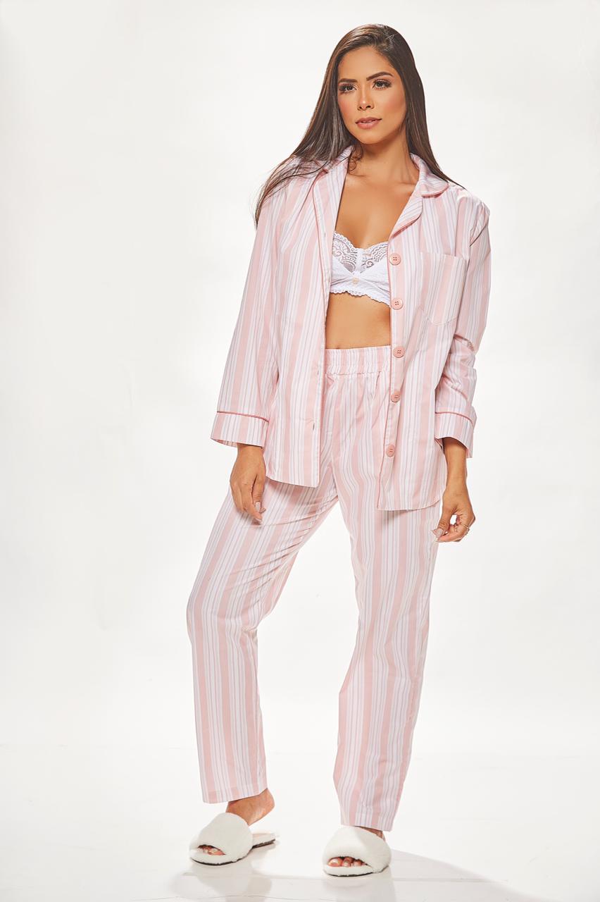 Pijama Calça e Blusa Manga Longa Listras Largas Rosê