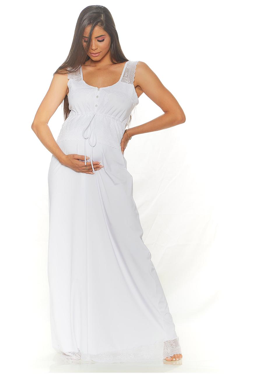 Conjunto Gestante Longo Camisola Lala e Robe Liso Branco