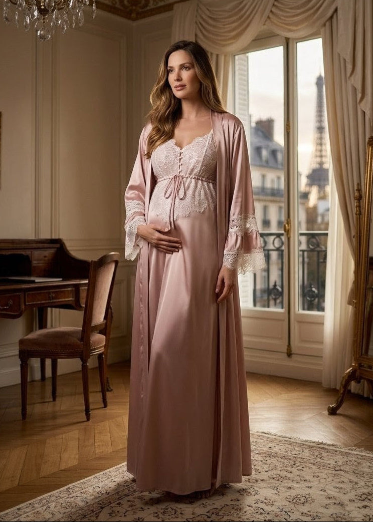 Conjunto Gestante Longo Cetim Rosa e Detalhes em Renda