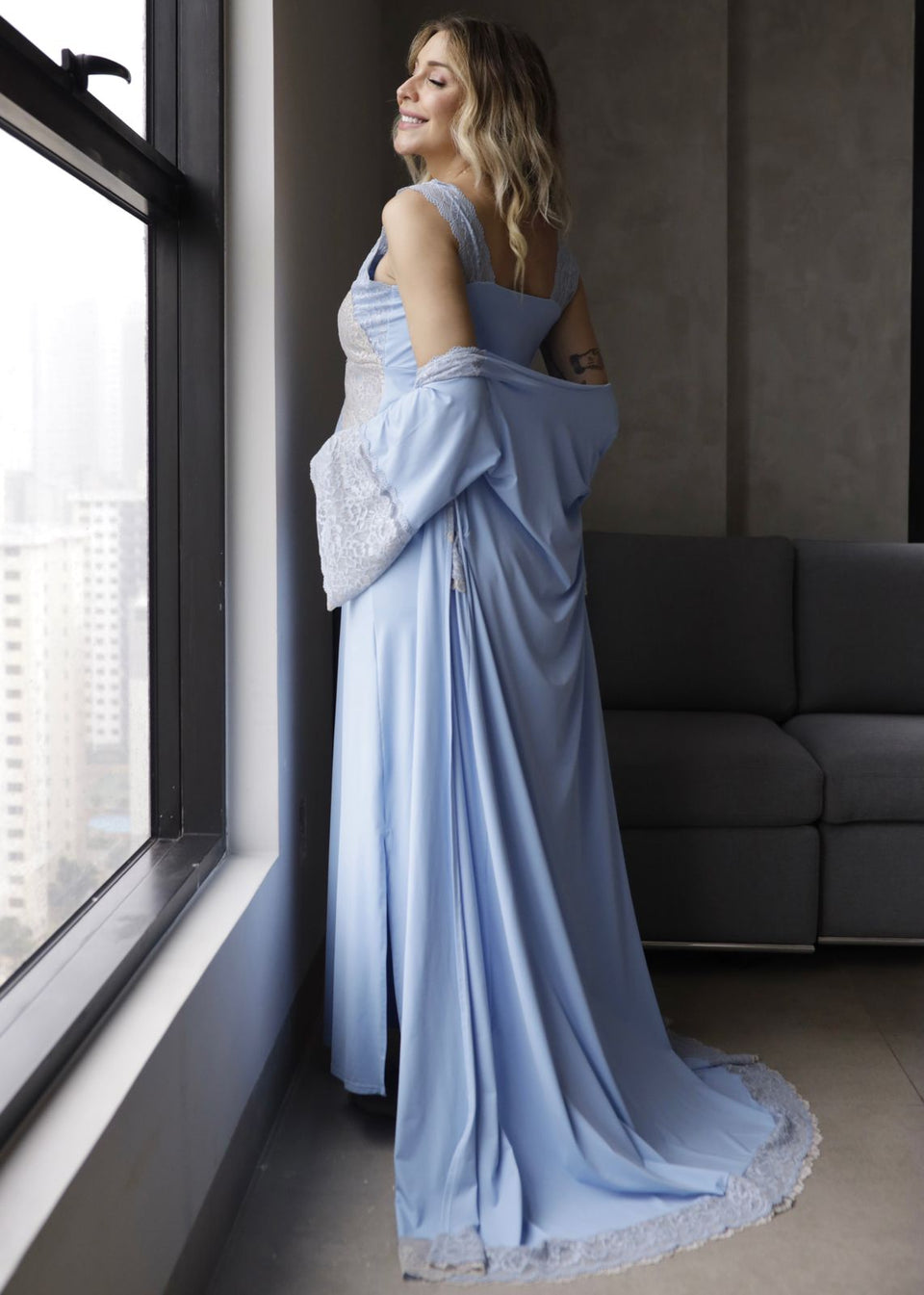 Robe Gestante Longo Lala Algodão Doce Azul