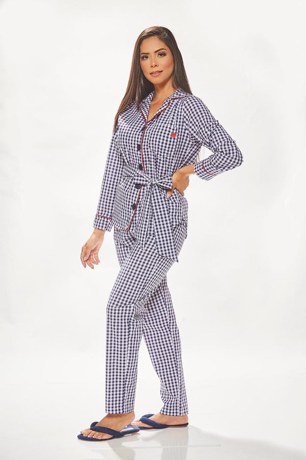 Pijama Calça e Blusa Manga Longa Xadrez Azul Marinho
