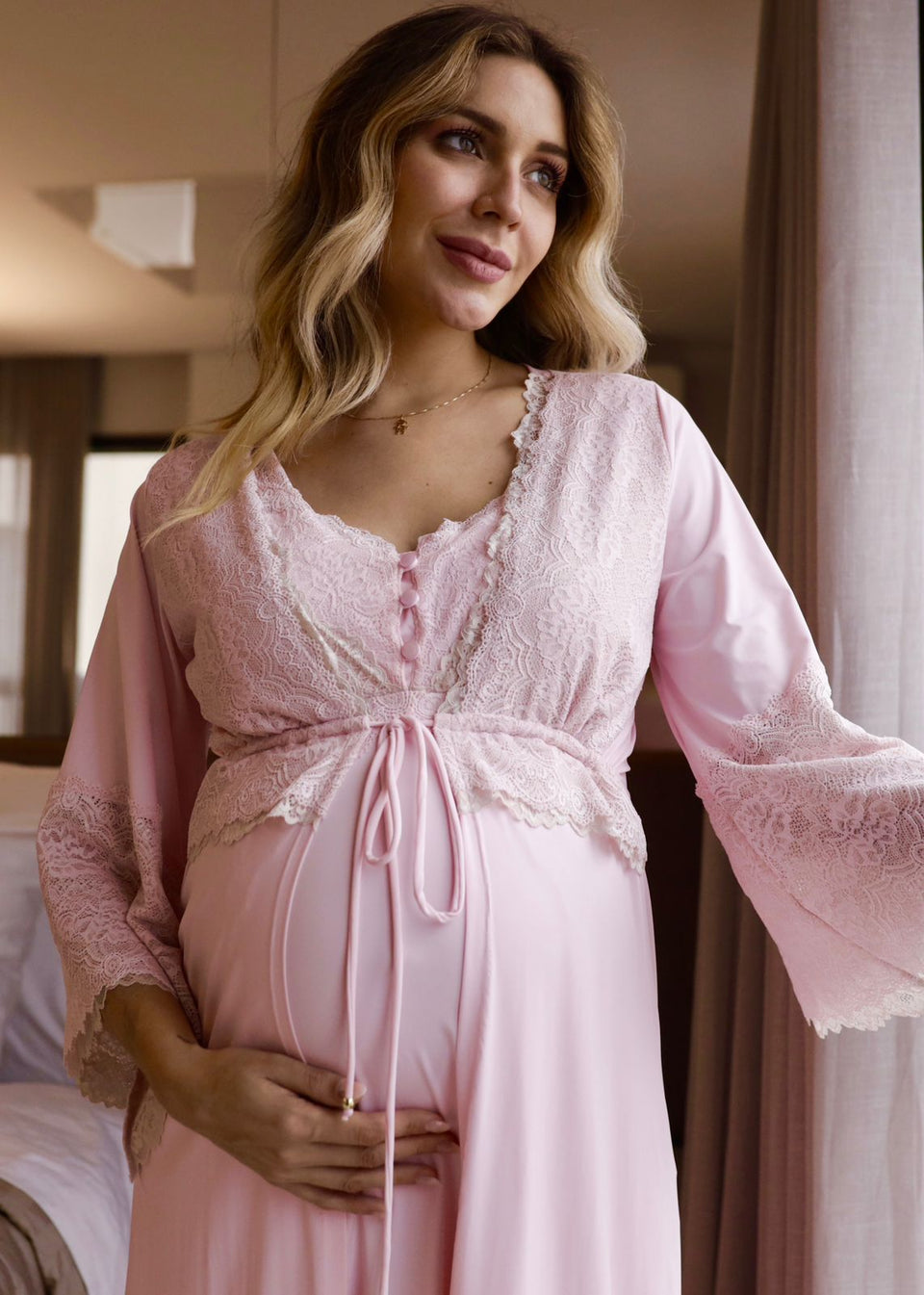 Robe Gestante Longo Lala Algodão Doce Rosa