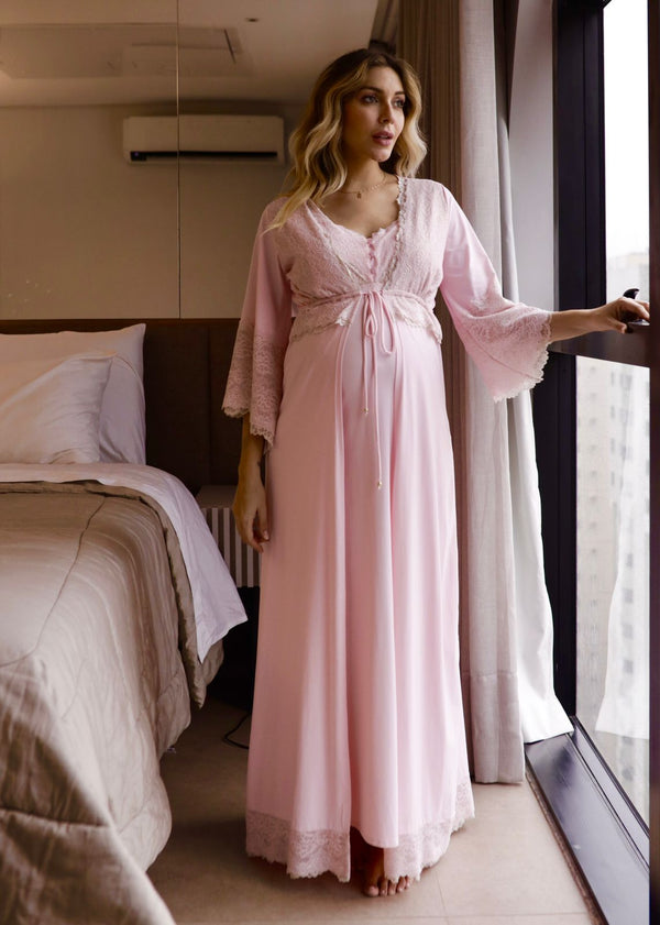 Robe Gestante Longo Lala Algodão Doce Rosa