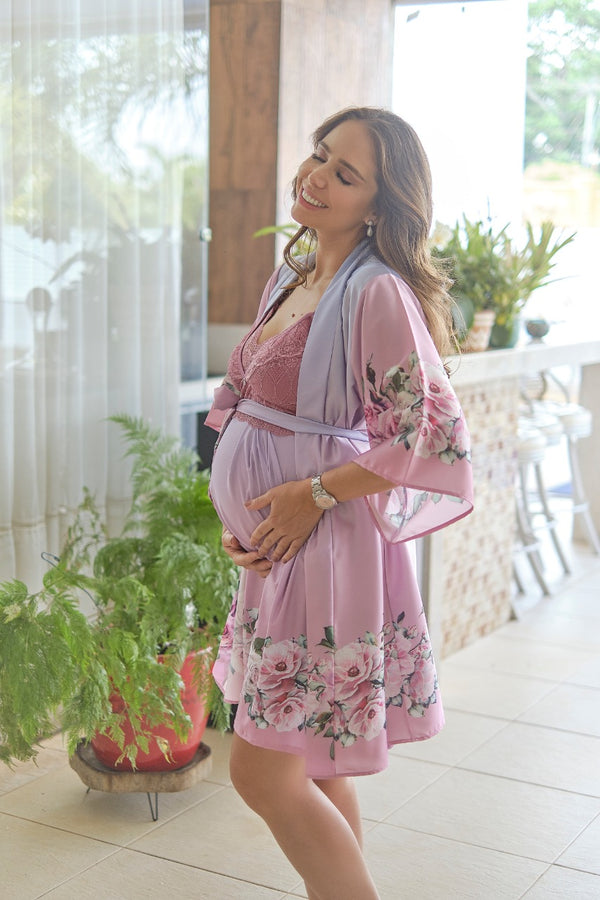 Conjunto Gestante Curto Camisola e Robe Degradê Rosa Flores
