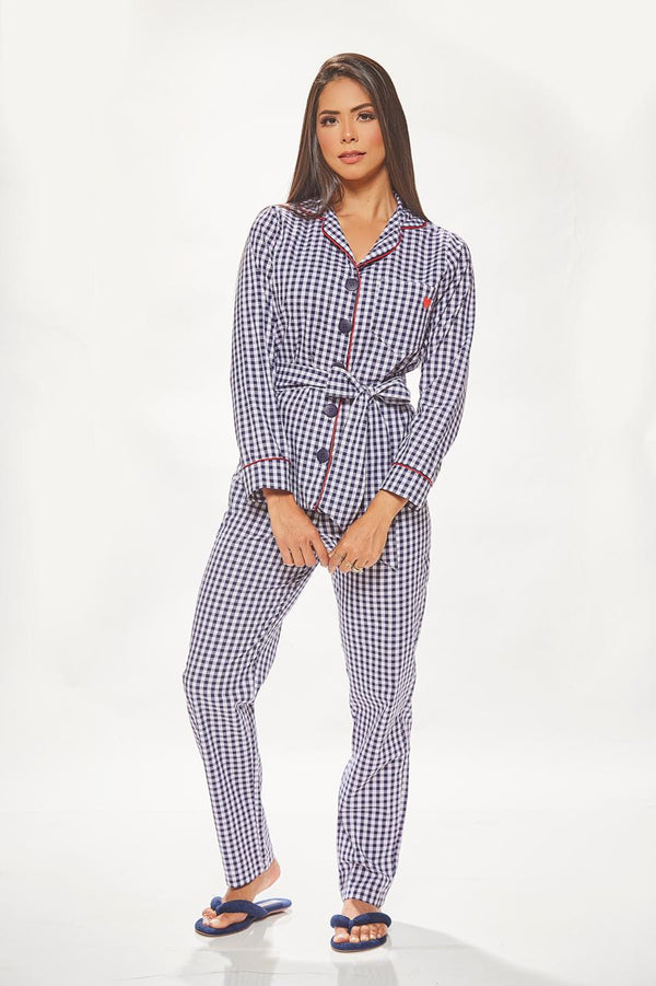Pijama Calça e Blusa Manga Longa Xadrez Azul Marinho
