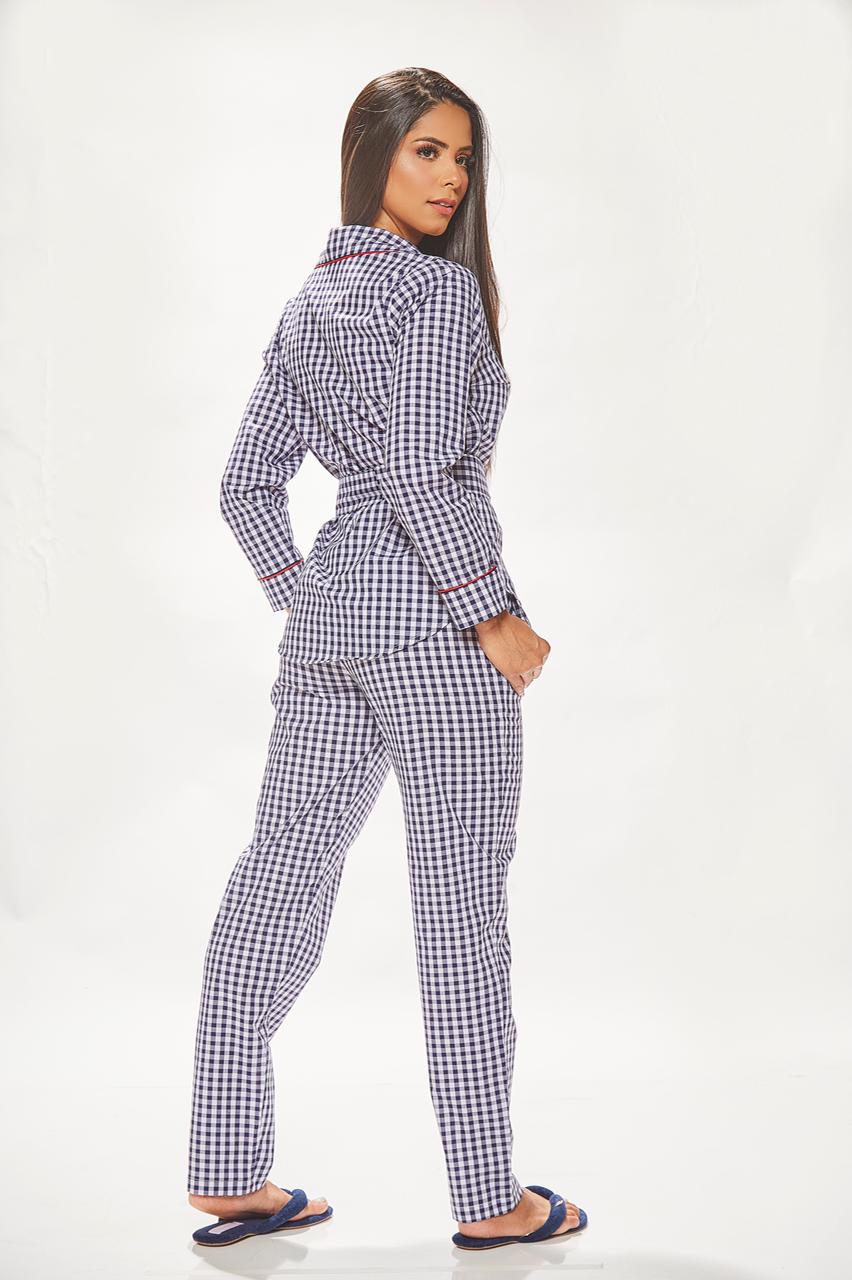 Pijama Calça e Blusa Manga Longa Xadrez Azul Marinho