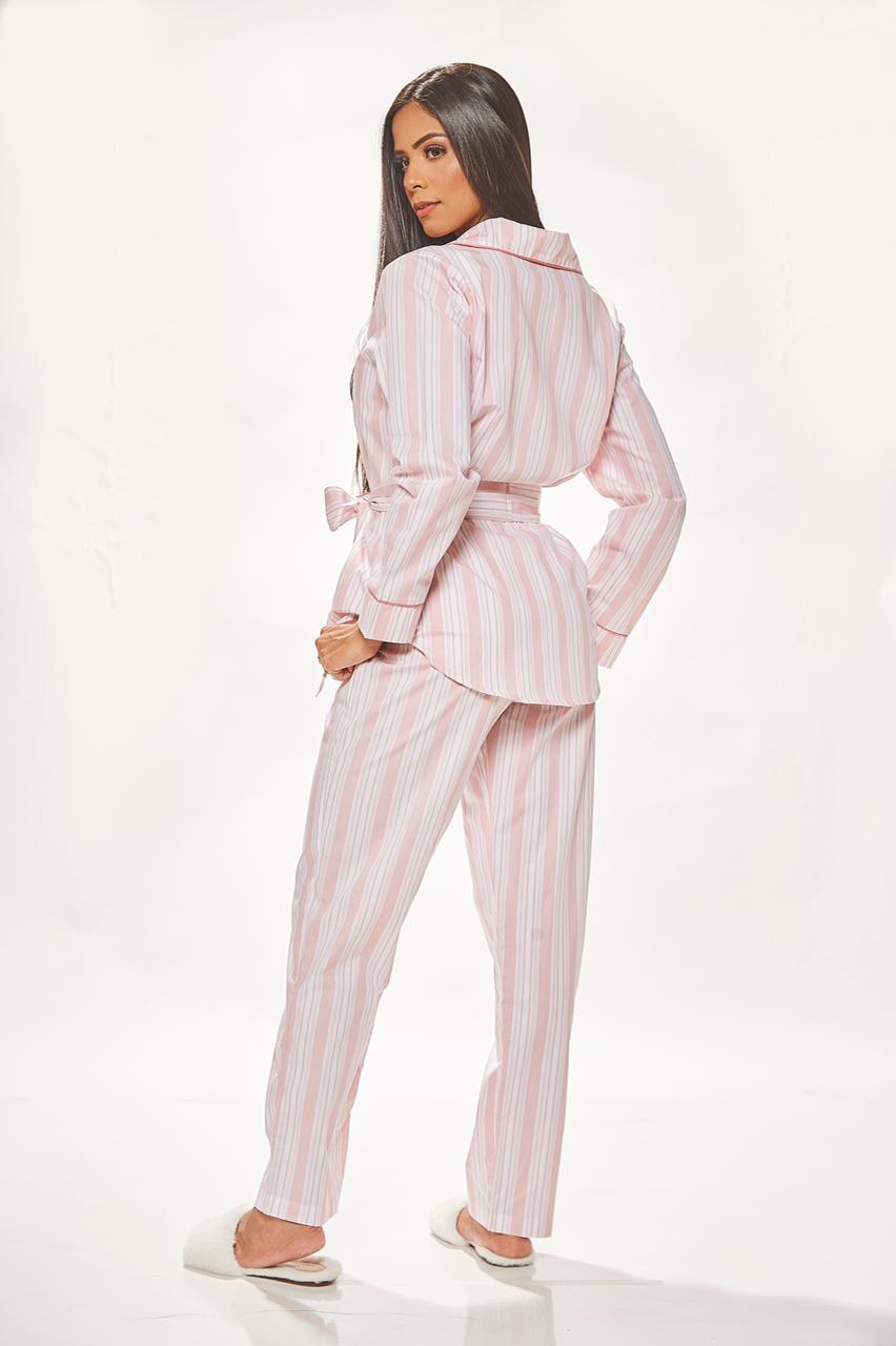Pijama Calça e Blusa Manga Longa Listras Largas Rosê