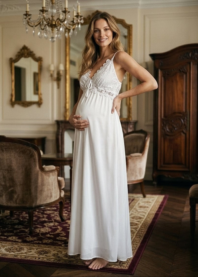 Conjunto Gestante Longo com Robe Musseline Branco