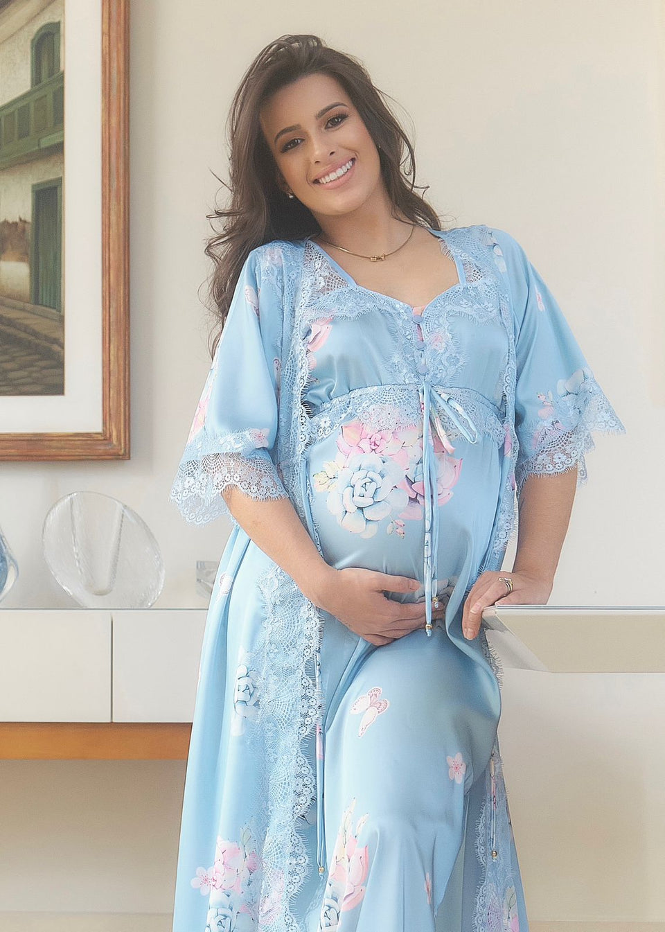 Conjunto Amamentação Longo com Camisola e Robe Estampados Azul Bebê