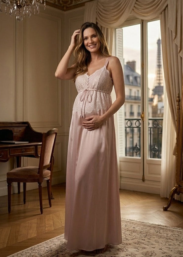 Conjunto Gestante Longo Cetim Rosa e Detalhes em Renda