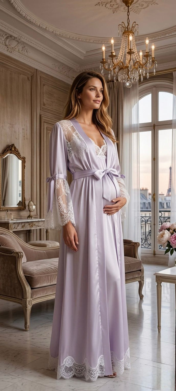 Conjunto Gestante Longo Cetim Lilás