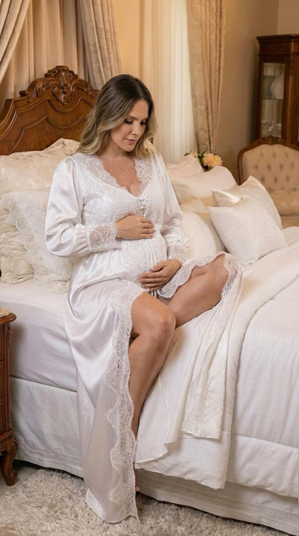 Conjunto Gestante Longo Cetim Branco