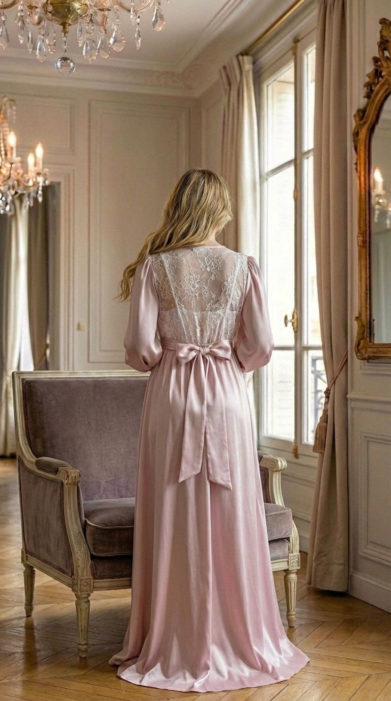 Conjunto Gestante Longo Cetim Rosê com Renda Branca