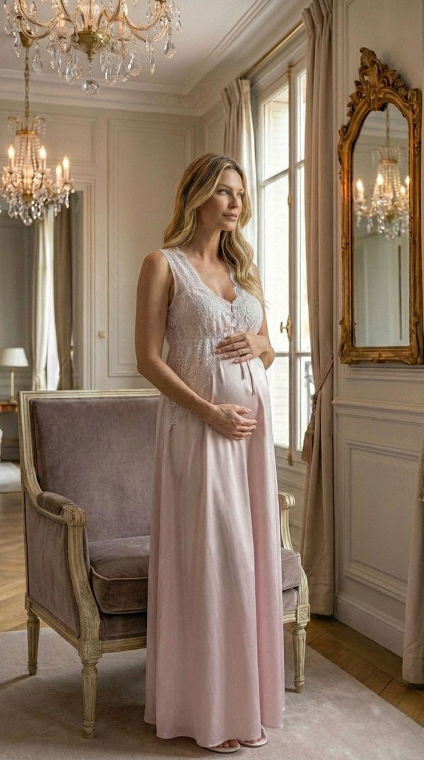 Conjunto Gestante Longo Cetim Rosê com Renda Branca