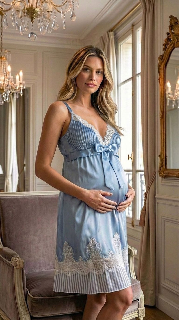 Conjunto Gestante Curto Cetim Azul com Detalhes de Listras