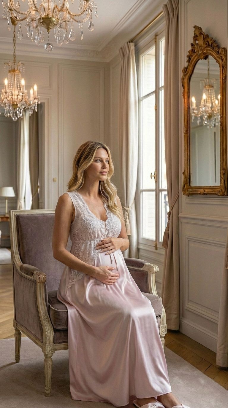 Conjunto Gestante Longo Cetim Rosê com Renda Branca