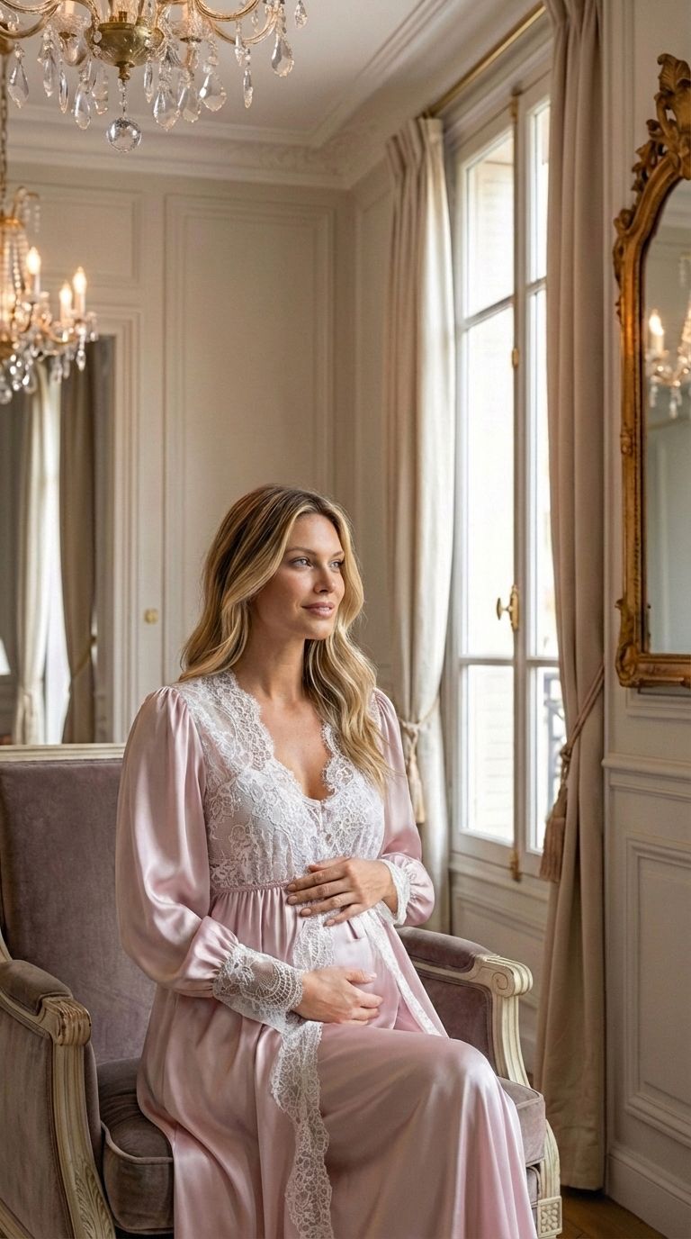 Conjunto Gestante Longo Cetim Rosê com Renda Branca